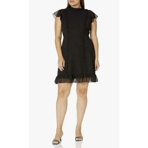 Adrienne Papell Dress‎ 16 Black Mock Neck Flutter Cap Sleeve Sheath Chiffon NWT